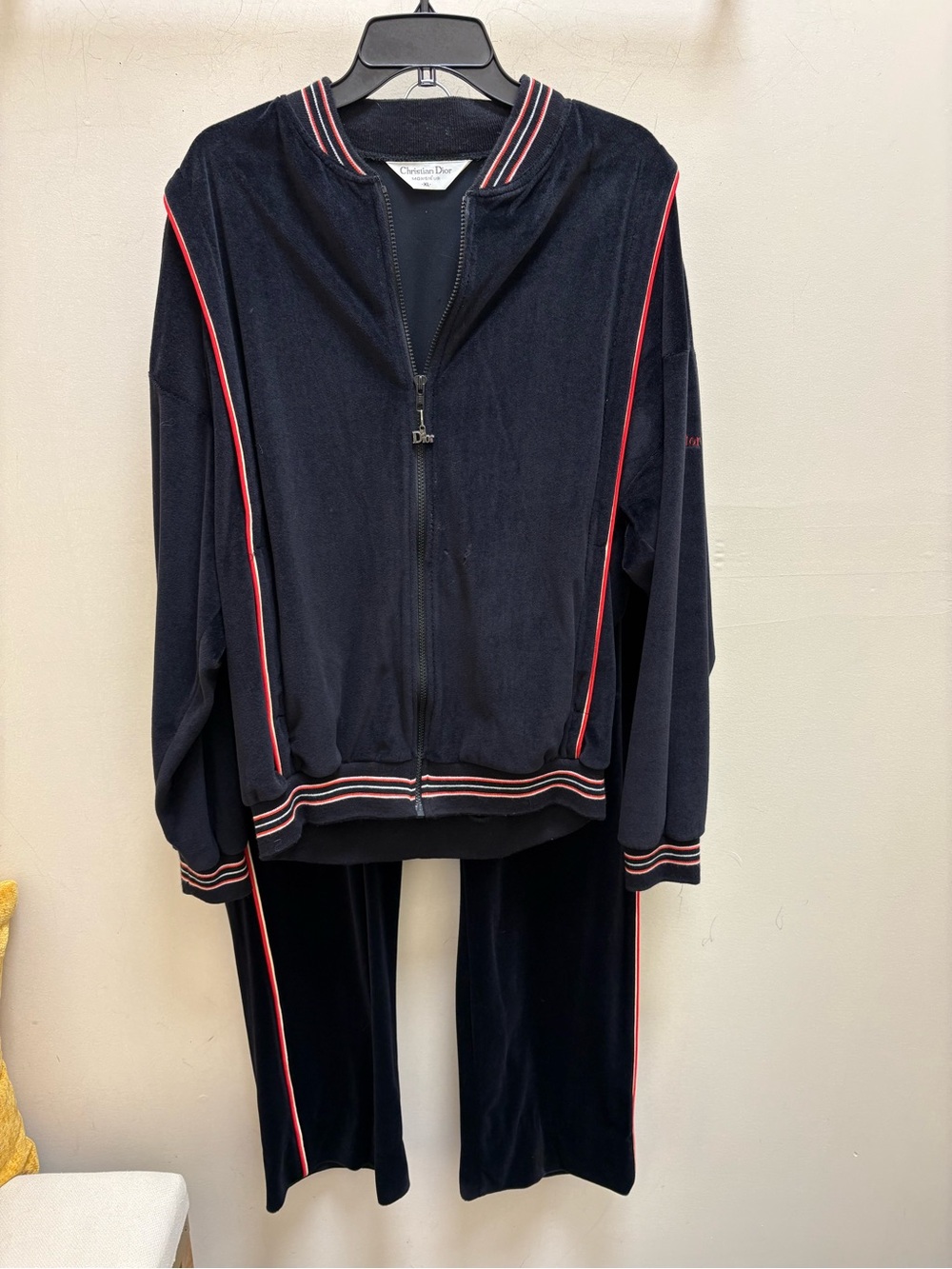 Christian Dior Vintage Black Velour Track Suit w/Red Trim-good condition -Sze XL